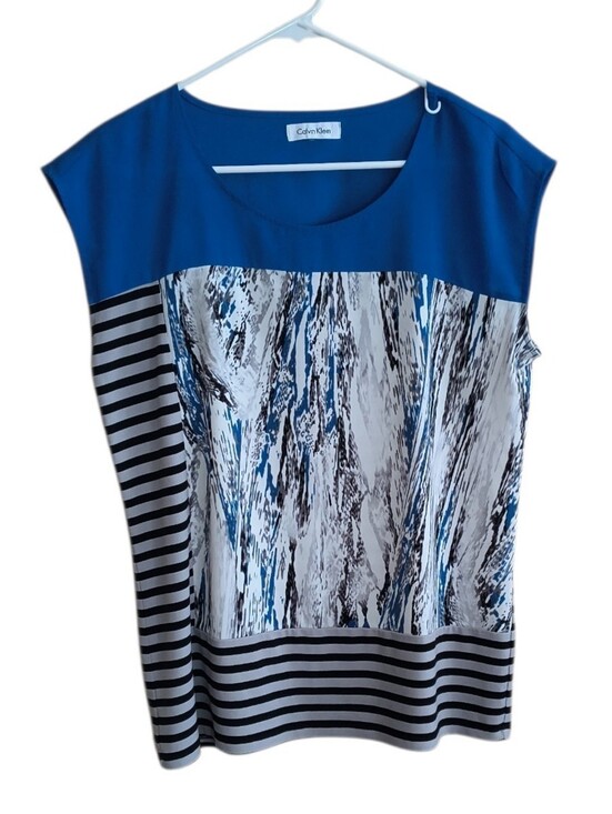 Calvin Klein Tops - Calvin Klein Blue, White & Black Mixed-Print Cap Sleeve Tunic/Blouse